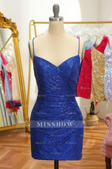 Misshow Blue Sequins Tight Backless Short Homecoming Dress/Mini Dress