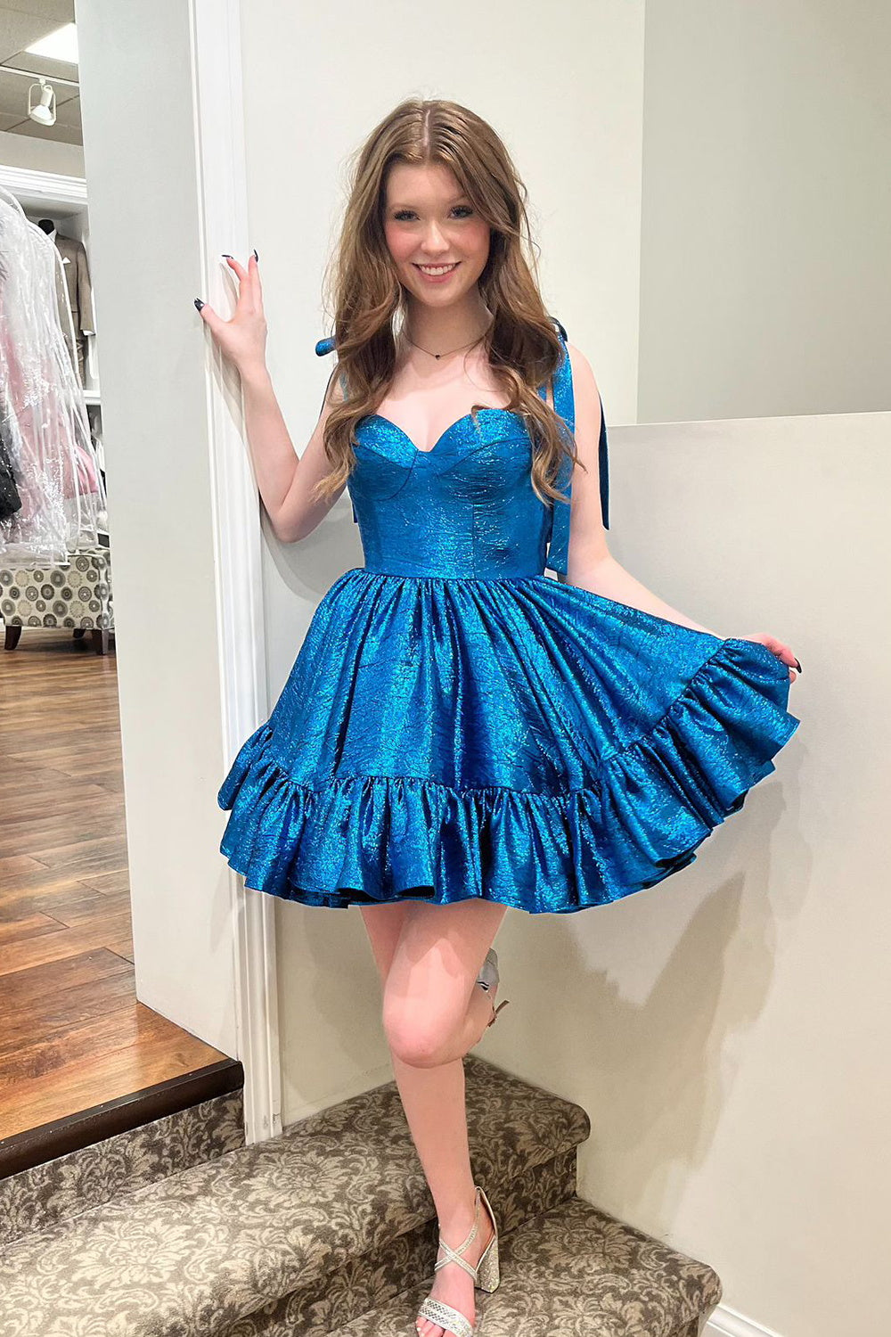 Misshow Blue Spaghetti Straps A Line Tiered Short Homecoming Dress/Mini Dress with Bows