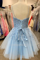 Misshow Blue Spaghetti Straps Homecoming Dress/Mini Dress With Appliques