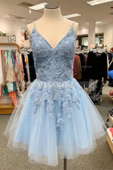 Misshow Blue Spaghetti Straps Homecoming Dress/Mini Dress With Appliques