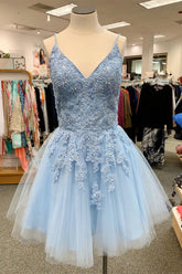 Misshow Blue Spaghetti Straps Homecoming Dress/Mini Dress With Appliques