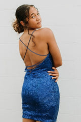 Misshow Blue Spaghetti Straps Sequins Homecoming Dress/Mini Dress With Criss Cross Back