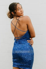 Misshow Blue Spaghetti Straps Sequins Homecoming Dress/Mini Dress With Criss Cross Back