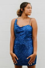 Misshow Blue Spaghetti Straps Sequins Homecoming Dress/Mini Dress With Criss Cross Back