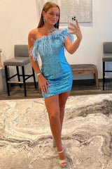 Misshow Blue Tight Sequins Homecoming Dress/Mini Dress with Feathers