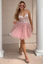 Misshow Blush A-Line Spaghetti Straps Tulle Short Homecoming Dress/Mini Dress with Lace