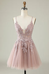 Misshow Blush A-Line Tulle Short Homecoming Dress/Mini Dress with Appliques