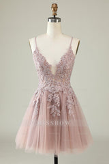 Misshow Blush A-Line Tulle Short Homecoming Dress/Mini Dress with Appliques