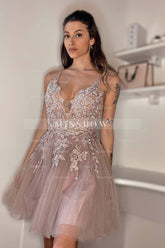 Misshow Blush A-Line Tulle Short Homecoming Dress/Mini Dress with Appliques