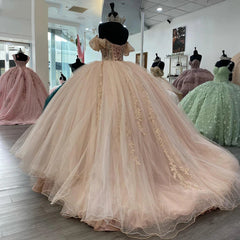 Misshow Blush Pink Quinceanera Dress Off-Shoulder Lace Applique Ball Gown with Beaded Details & Sweep Train