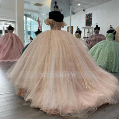 Misshow Blush Pink Quinceanera Dress Off-Shoulder Lace Applique Ball Gown with Beaded Details & Sweep Train