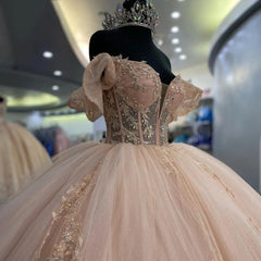Misshow Blush Pink Quinceanera Dress Off-Shoulder Lace Applique Ball Gown with Beaded Details & Sweep Train