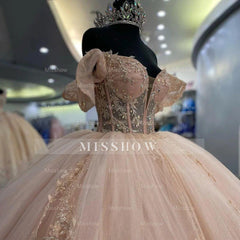 Misshow Blush Pink Quinceanera Dress Off-Shoulder Lace Applique Ball Gown with Beaded Details & Sweep Train