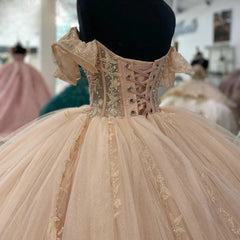 Misshow Blush Pink Quinceanera Dress Off-Shoulder Lace Applique Ball Gown with Beaded Details & Sweep Train