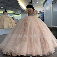 Misshow Blush Pink Quinceanera Dress Off-Shoulder Lace Applique Ball Gown with Beaded Details & Sweep Train