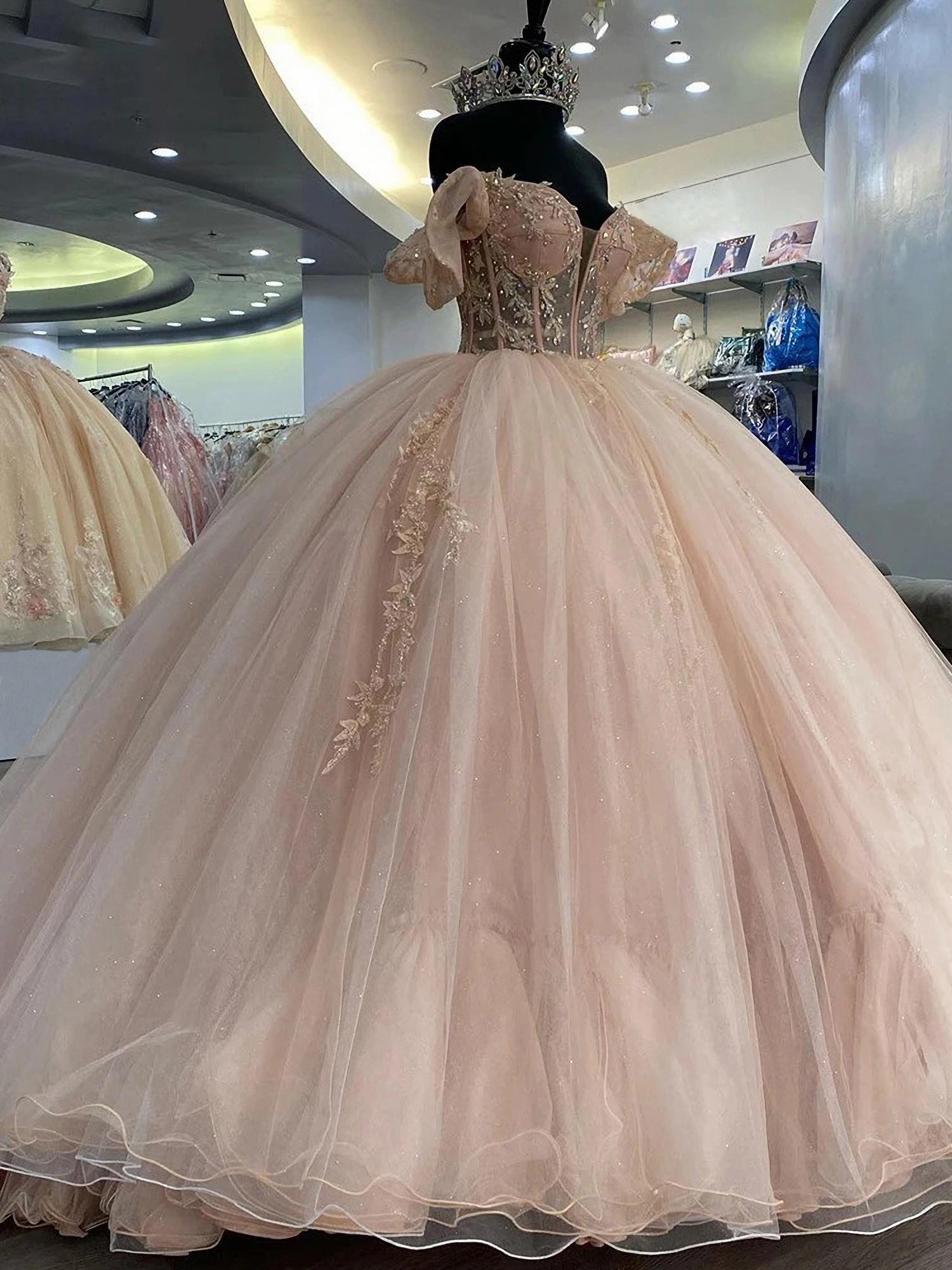 Misshow Blush Pink Quinceanera Dress Off-Shoulder Lace Applique Ball Gown with Beaded Details & Sweep Train
