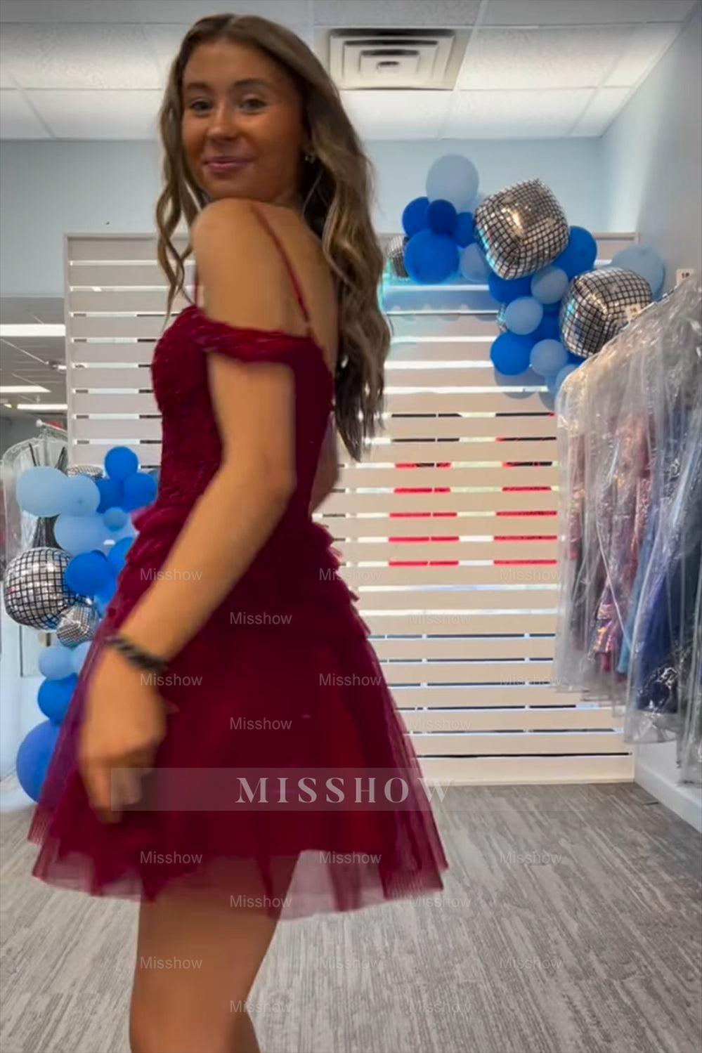 Misshow Burgundy A-Line Corset Short Homecoming Dress/Mini Dress with Lace