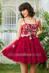Misshow Burgundy A Line Spaghetti Straps Homecoming Dress/Mini Dress With 3D Flowers