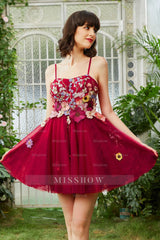 Misshow Burgundy A Line Spaghetti Straps Homecoming Dress/Mini Dress With 3D Flowers