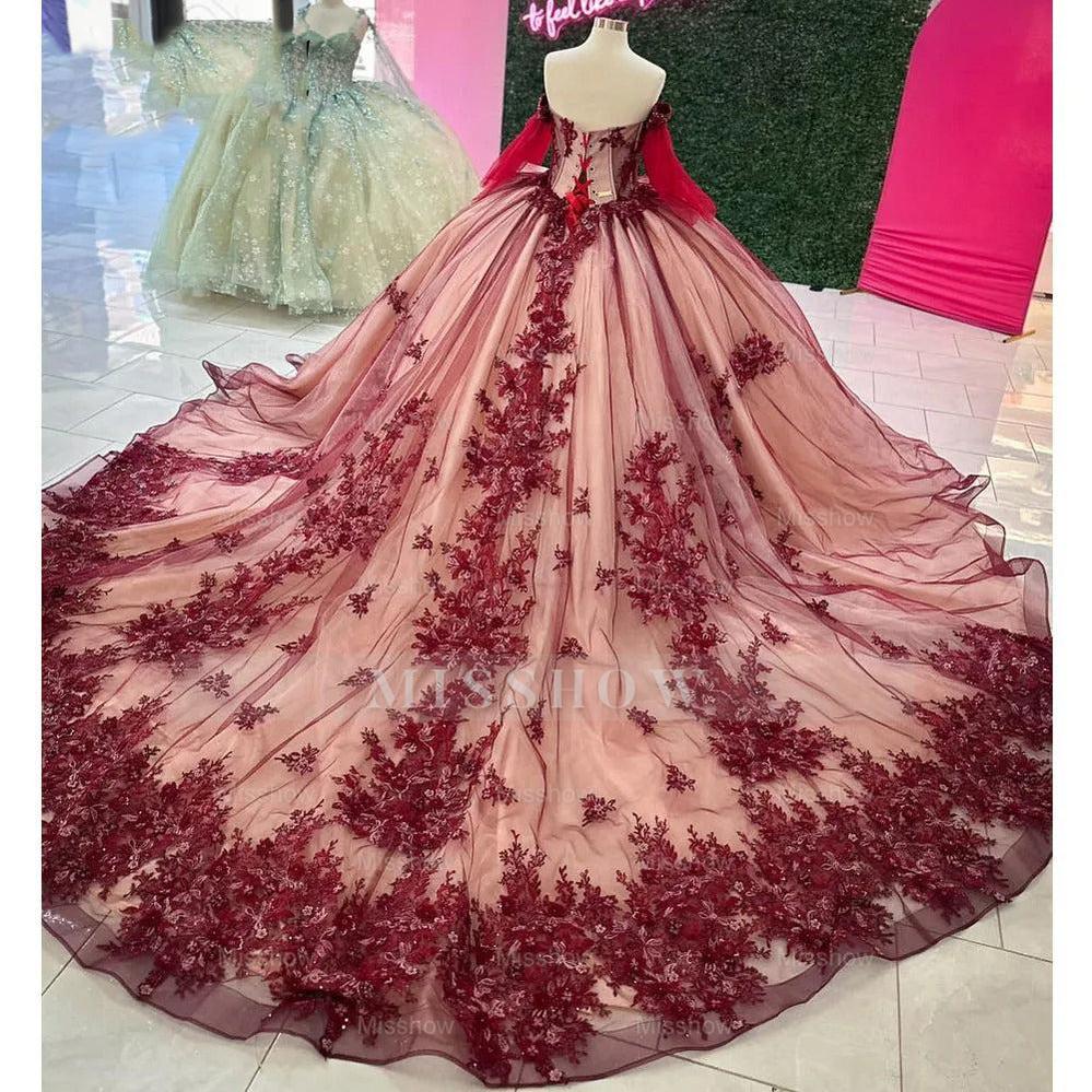 Misshow Burgundy Ball Gown Off-Shoulder Long Sleeves with Beaded 3D Flower Lace Appliques for Quinceanera Sweet 16 & Princess Birthday Parties