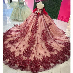 Misshow Burgundy Ball Gown Off-Shoulder Long Sleeves with Beaded 3D Flower Lace Appliques for Quinceanera Sweet 16 & Princess Birthday Parties