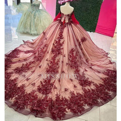 Misshow Burgundy Ball Gown Off-Shoulder Long Sleeves with Beaded 3D Flower Lace Appliques for Quinceanera Sweet 16 & Princess Birthday Parties