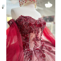 Misshow Burgundy Ball Gown Off-Shoulder Long Sleeves with Beaded 3D Flower Lace Appliques for Quinceanera Sweet 16 & Princess Birthday Parties