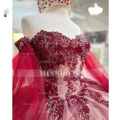 Misshow Burgundy Ball Gown Off-Shoulder Long Sleeves with Beaded 3D Flower Lace Appliques for Quinceanera Sweet 16 & Princess Birthday Parties