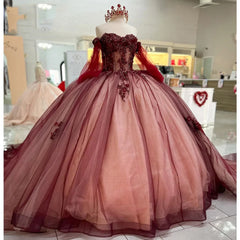 Misshow Burgundy Ball Gown Off-Shoulder Long Sleeves with Beaded 3D Flower Lace Appliques for Quinceanera Sweet 16 & Princess Birthday Parties