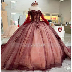 Misshow Burgundy Ball Gown Off-Shoulder Long Sleeves with Beaded 3D Flower Lace Appliques for Quinceanera Sweet 16 & Princess Birthday Parties