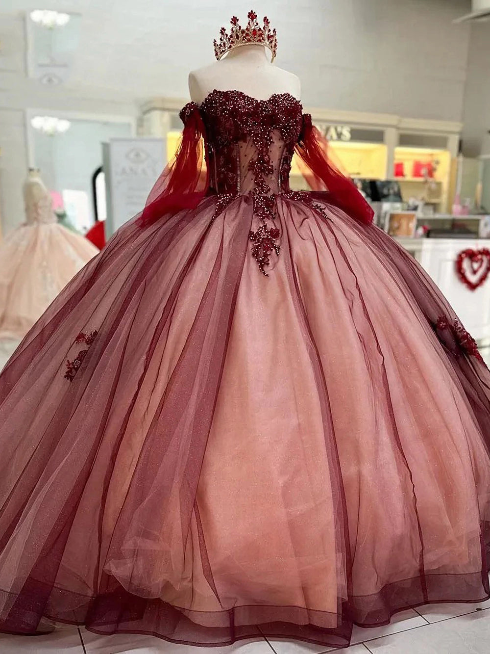 Misshow Burgundy Ball Gown Off-Shoulder Long Sleeves with Beaded 3D Flower Lace Appliques for Quinceanera Sweet 16 & Princess Birthday Parties