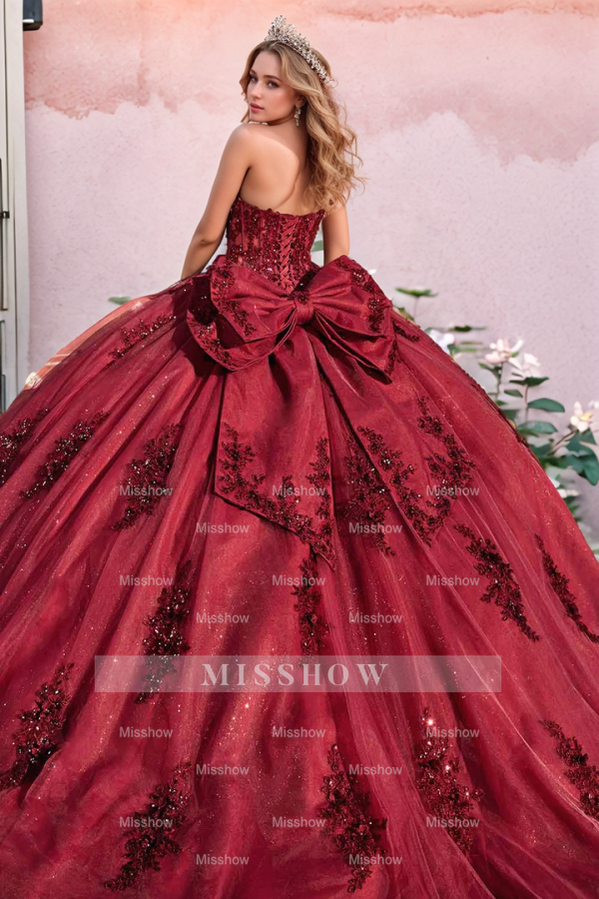 Misshow Burgundy Ball Gown Off-Shoulder Long Sleeves with Floral Beading & Bow Detail for Quinceanera Sweet 16 & Formal Events