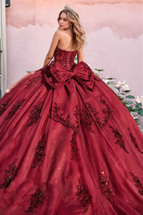 Misshow Burgundy Ball Gown Off-Shoulder Long Sleeves with Floral Beading & Bow Detail for Quinceanera Sweet 16 & Formal Events