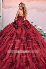 Misshow Burgundy Ball Gown Off-Shoulder Long Sleeves with Floral Beading & Bow Detail for Quinceanera Sweet 16 & Formal Events