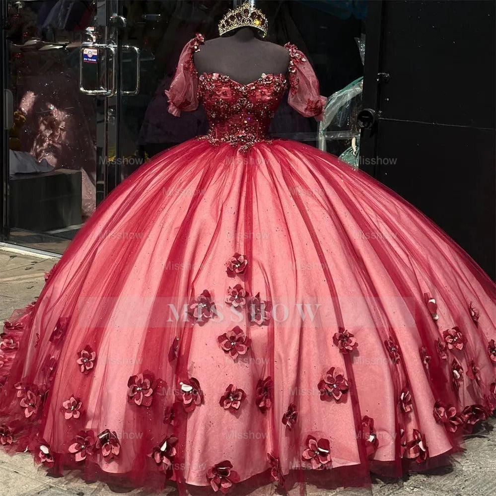 Misshow Burgundy Red Quinceanera Dress 3D Floral Applique Sweetheart Neckline Tulle Ball Gown for Sweet 15 & 16 Celebrations
