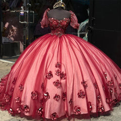 Misshow Burgundy Red Quinceanera Dress 3D Floral Applique Sweetheart Neckline Tulle Ball Gown for Sweet 15 & 16 Celebrations