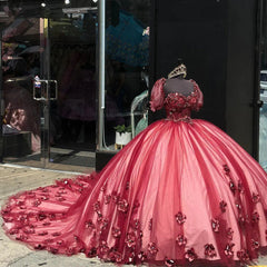 Misshow Burgundy Red Quinceanera Dress 3D Floral Applique Sweetheart Neckline Tulle Ball Gown for Sweet 15 & 16 Celebrations