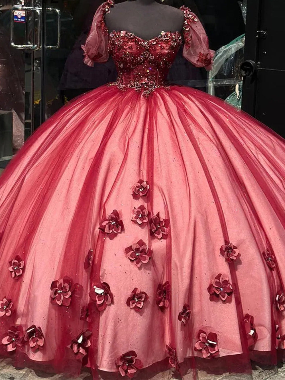 Misshow Burgundy Red Quinceanera Dress 3D Floral Applique Sweetheart Neckline Tulle Ball Gown for Sweet 15 & 16 Celebrations