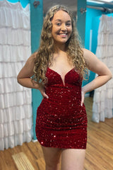 Misshow Burgundy Sequins Glitter Homecoming Dress/Mini Dress with Lace-up Back