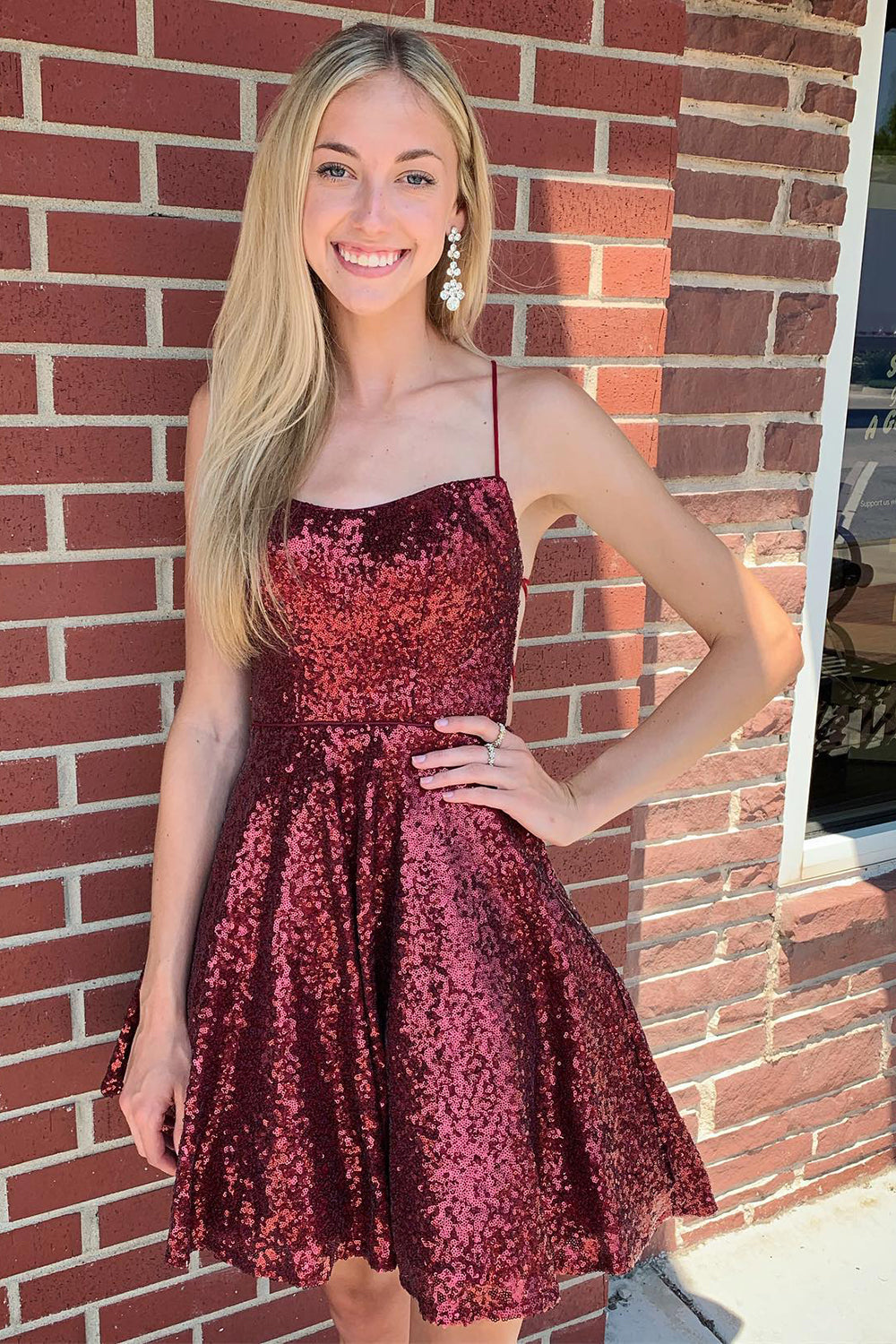 Misshow Burgundy Sequins Homecoming Dress/Mini Dress with Criss Cross Back