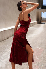 Misshow Burgundy Velvet Party Dress with Slit