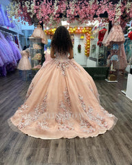 Misshow Champagne Ball Gown Off-Shoulder 3D Floral Lace Tulle Quinceanera & Sweet 16 Party Dress