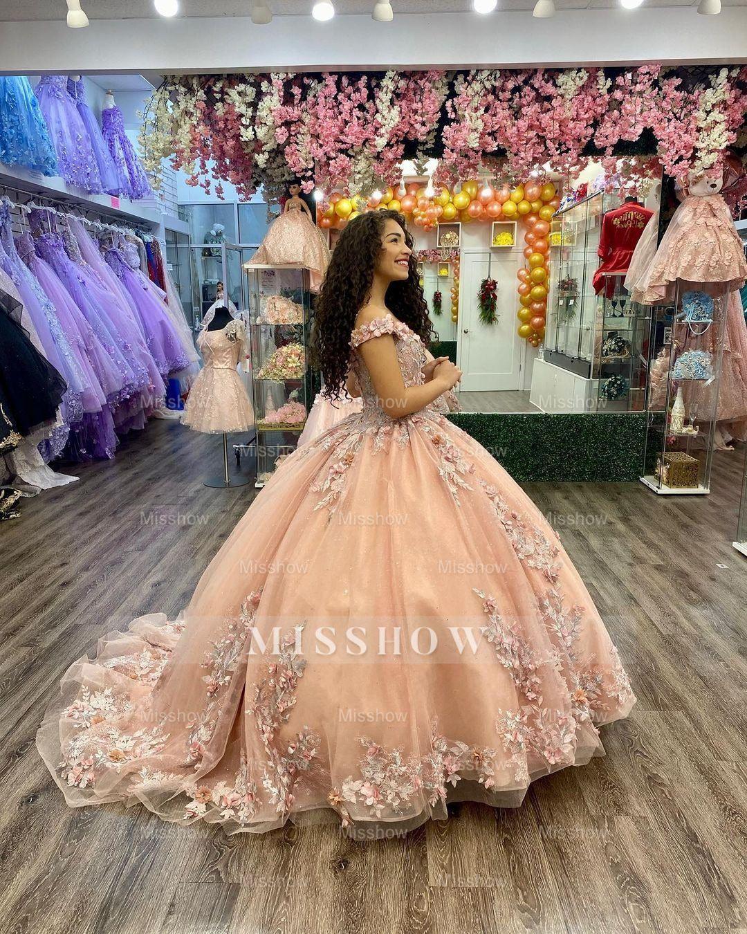 Misshow Champagne Ball Gown Off-Shoulder 3D Floral Lace Tulle Quinceanera & Sweet 16 Party Dress