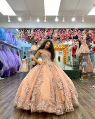 Misshow Champagne Ball Gown Off-Shoulder 3D Floral Lace Tulle Quinceanera & Sweet 16 Party Dress