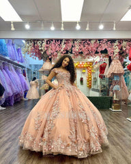 Misshow Champagne Ball Gown Off-Shoulder 3D Floral Lace Tulle Quinceanera & Sweet 16 Party Dress