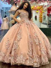 Misshow Champagne Ball Gown Off-Shoulder 3D Floral Lace Tulle Quinceanera & Sweet 16 Party Dress