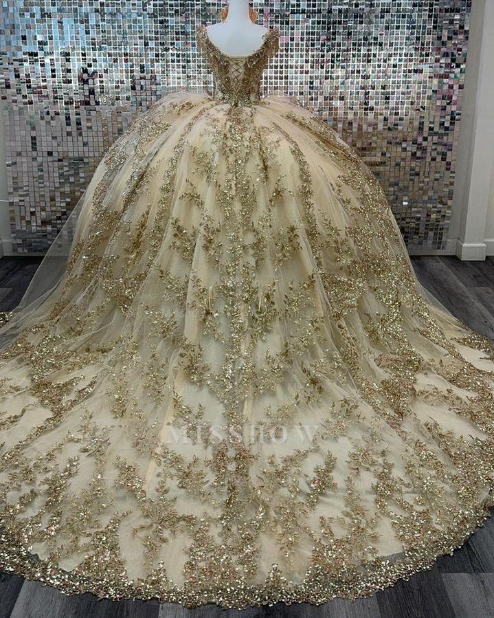 Misshow Champagne Ball Gown Off-Shoulder Lace & Beaded Tiered Tulle Quinceanera Dress for Sweet 16 & Birthday Celebrations