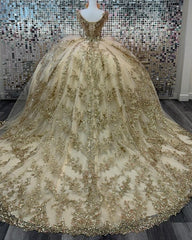 Misshow Champagne Ball Gown Off-Shoulder Lace & Beaded Tiered Tulle Quinceanera Dress for Sweet 16 & Birthday Celebrations