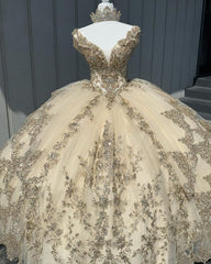Misshow Champagne Ball Gown Off-Shoulder Lace & Beaded Tiered Tulle Quinceanera Dress for Sweet 16 & Birthday Celebrations