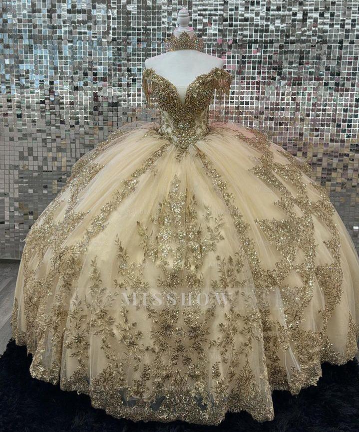 Misshow Champagne Ball Gown Off-Shoulder Lace & Beaded Tiered Tulle Quinceanera Dress for Sweet 16 & Birthday Celebrations